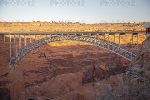 Page, Arizona - The Glen Canyon Bridge, or Glen Canyon Dam Bridge carries US 89 700 feet above the Colorado River just downstream of the Glen Canyon Dam