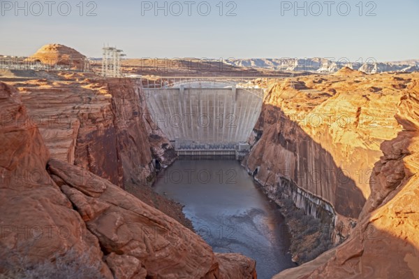 Page, Arizona - The downstream side of the Glen Canyon Dam. Lake Powell, the dam's reservoir, is only 27 percent full