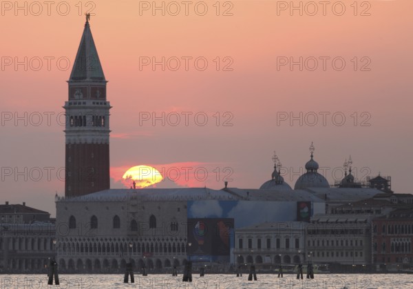 Sunset behind the Doge's Palace with Campanille, Venice, Veneto, Italy