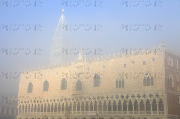 Campanile di San Marco and Doge's Palace in fog, Venice, Veneto, Italy