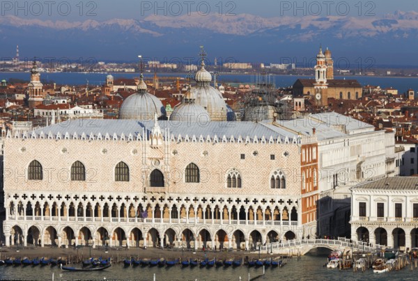 View of San Marco and the snow-capped Alps from Campanile San Gorgio di Maggiore, Venice, Veneto, Italy