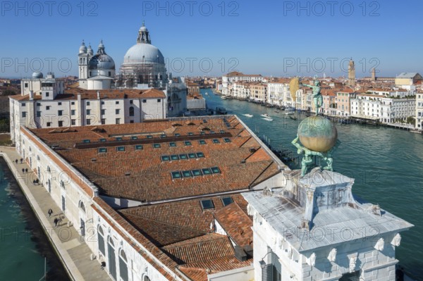 Aerial view of Dogana da Mar with Santa Maria della Salute Church and Grand Canal, Venice, Veneto, Italy