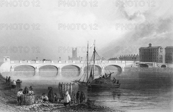 Wellesley Bridge, Shannon River Bridge, County and City of Limerick, Ireland, idyllic riverside scene, fishermen, boats, sails, unloading, transportation, profession, woven baskets, people, building, landmark, steel engraving, 19th century, historical illustration from 1845