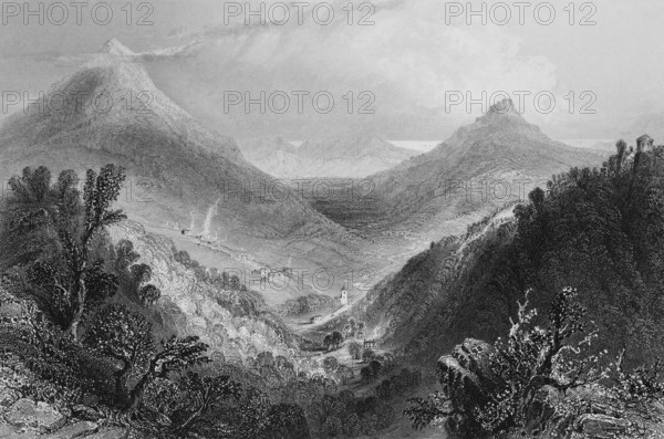 Glen of the Downs, Valley of the Downs Mountains, County Wicklow, East Ireland, idyllic mountain scenery, mountain peak above the clouds, valley with village, church, houses, smoke, road, trees, picturesque nature, landmark, steel engraving, 19th century, historical illustration from 1845