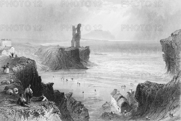 Ballybunion Castle, Castle Ruins, Tower Ruins, County Kerry, West Ireland, Coastal Landscape, Cliffs, Lots of People, Break, Sheep, Buildings, Village Life, Cottages, Tide, Bathing, Landmark, Steel Engraving, 19th century, Historical Illustration from 1845