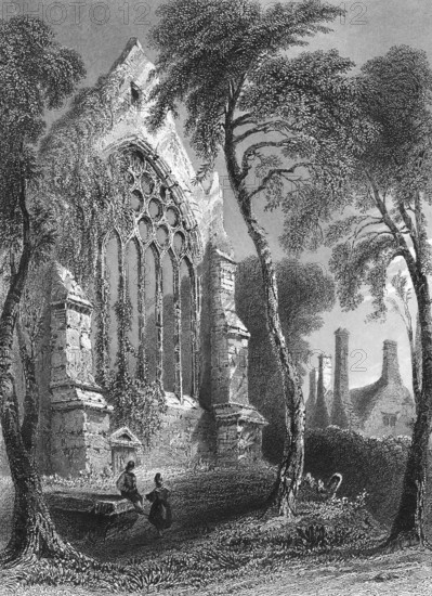 St Mary's Collegiate Church, medieval church, built in 1220, Sir Walter Raleigh monument, Youghal, County Cork, Ireland, church, ruin, decay, windows, people, buildings with long chimneys, buildings, birches, two people, landmark, steel engraving, 19th century, historical illustration from 1845