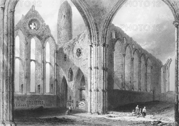 Rock of Cashel, interior of medieval cathedral, County Tipperary, Ireland, ruin, interior, gothic, round tower, visitor, pillar, decay, nave, landmark, steel engraving, 19th century, historical illustration from 1845