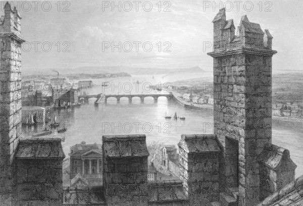 View from Saint Mary's Cathedral of Limerick with the River Shannon, County Limerick, Ireland, cityscape, stone building, bridge, sailing ships, landmark, steel engraving, 19th century, historical illustration from 1845