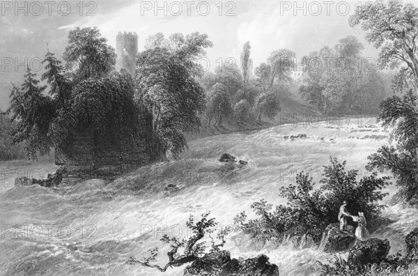 Donnass rapids on the Shannon River, Castleconnell Castle tower, County Limerick, Ireland, round tower, watercourse, small waterfall, high flow rate, torrential river, two people, couple, climbing, helping, holding hands, danger, rocks, trees, nature, landmark, steel engraving, 19th century, historical illustration from 1845
