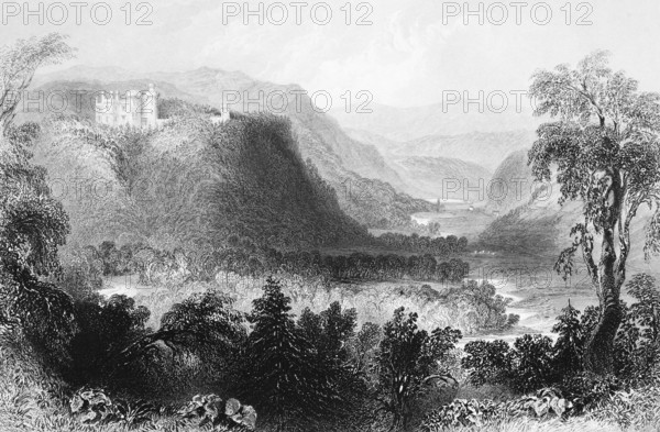 Castle Howard, Howard Castle on the mountain, Avonmore River valley, County Wicklow, Ireland, idyllic landscape, meandering river, mountains, forest, valley, natural landscape, landmark, steel engraving, 19th century, historical illustration from 1845