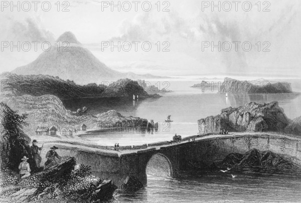 Lake Lough Conn, Loch Conn, County Mayo, Ireland, coastal landscape, stone bridge, rock islands, seascape, seagulls, people, walkers, hiking stick, building, mountain peak over the clouds, idyll, landmark, steel engraving, 19th century, historical illustration from 1845