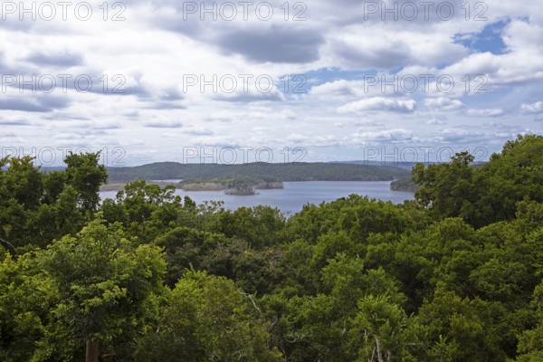 Lake Yaxha in rainforest or jungle, Yaxha-Nakum-Naranjo National Park, Biósfera Maya Nature Reserve, Lowlands, Petén Department, Guatemala