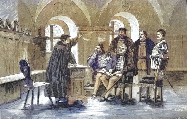 German Peasants' War, 1524-1526, Münster preaches to the prince. The so-called Prince's Sermon was delivered on July 13, 1524 by the theologian Thomas Müntzer at Allstedt Castle/German Peasants' War, Müntzer Preaches to the Princes. The so-called sermon to the princes was delivered by the theologian Thomas Müntzer at Allstedt Castle on July 13, 1524, historical, digitally restored reproduction of an original model from the 19th century, exact original date not known, subsequently colored