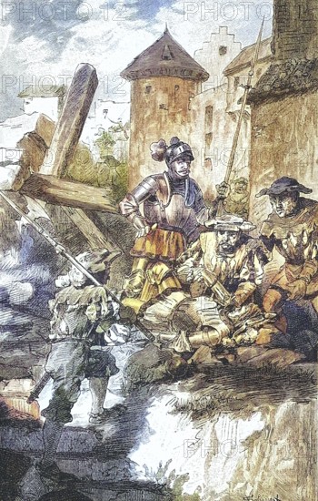 German Peasants' War, 1524-1526, Imperial Knight Franz von Sickingen dies at his Nanstein Castle/German Peasants' War, Imperial Knight Franz von Sickingen dies at his Castle Nanstein, historical, digitally restored reproduction of an original model from the 19th century, exact original date not known, subsequently colored