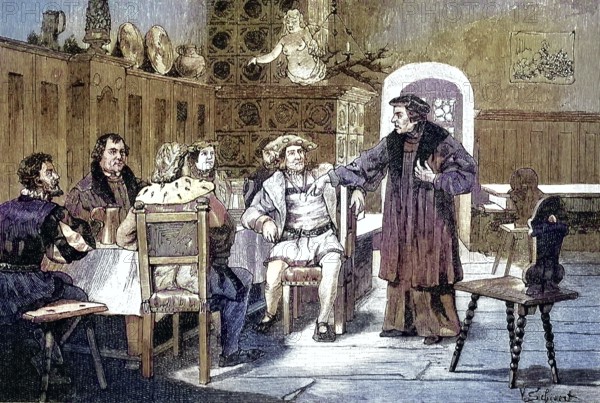 German Peasants' War, 1524-1526, Karlstadt and Luther in Jena/German Peasants' War, Karlstadt and Luther in Jena, historical, digitally restored reproduction of an original model from the 19th century, exact original date unknown, subsequently colored