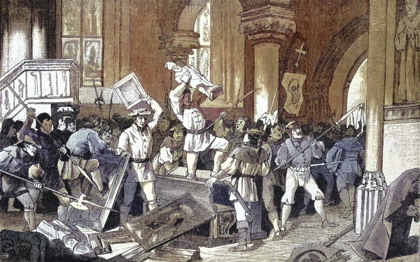 German Peasants' War, 1524-1526, iconoclasm in Mühlhausen/German Peasants' War, iconoclasm in Mulhouse, historical, digitally restored reproduction of an original model from the 19th century, exact original date unknown, subsequently colored