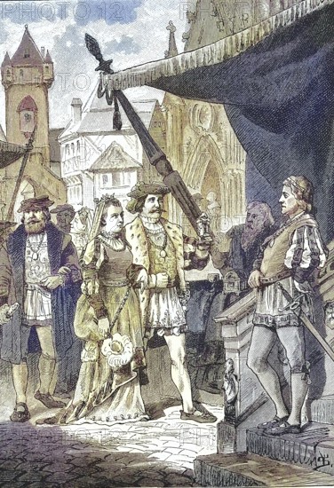 German Peasants' War, 1524-1526, bourgeois and knightly costumes at this time/German Peasants' War, bourgeois and knightly costumes at this time, historical, digitally restored reproduction of an original model from the 19th century, exact original date unknown, subsequently colored