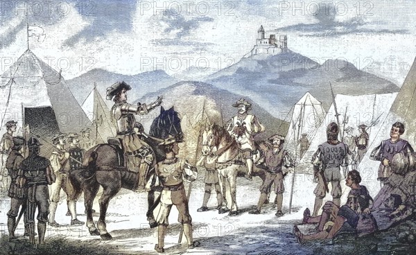 German Peasants' War, 1524-1526, Reichsritter Franz von Sickingen und der Reichsherold/German Peasants' War, Imperial Knight Franz von Sickingen and the Imperial Herald, historical, digitally restored reproduction of an original model from the 19th century, exact original date unknown, colored later