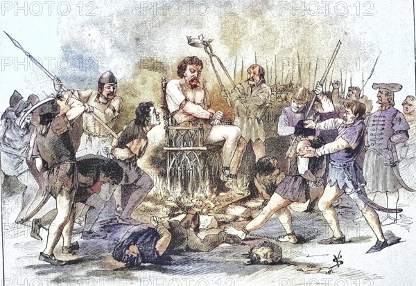 German Peasants' War, 1514-1526, The Execution of Dosa. György Dozsa, Georg Dozsa, Dozsa György, Gheorghe Doja, around 1470-1514, Szekler from Transylvania, equestrian captain, leader of the Hungarian Peasant Rebellion/German Peasant War, The Execution of Dosa. György Dozsa, c. 1470-1514, Szekler from Transylvania, cavalry captain, leader of the Hungarian Peasant Revolt, historical, digitally restored reproduction of an original model from the 19th century, exact original date unknown, subsequently colored