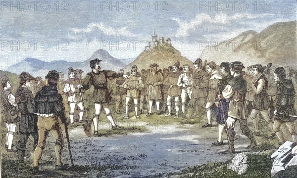 German Peasants' War, 1524-1526, The Captain of Poor Konrad. Armer Konrad (also Armer Kunz) was the name given to the secret peasant unions that rose up against their feudal lord Duke Ulrich of Württemberg from 1514 / German Peasants' War, The Captain of Poor Konrad. Poor Konrad (also Armer Kunz) was the name given to the secret peasant unions that rose up against their feudal lord, Duke Ulrich of Württemberg, from 1514 onward, Historical, digitally restored reproduction of an original from the 19th century, exact original date unknown, subsequently coloured