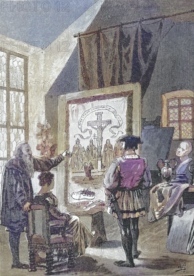 German Peasants' War, 1524-1526, Jos Friz at the painter in Heilbronn. Joss Fritz (born around 1470, died around 1525) was the initiator of the Bundschuh movements in Untergrombach, Lehen und am Oberrhein / German Peasants' War, Jos Friz at the painter in Heilbronn. Joss Fritz (born around 1470, died around 1525) was the initiator of the Bundschuh movements in Untergrombach, Lehen and on the Upper Rhine, Historic, digitally restored reproduction of an original from the 19th century, exact original date unknown, subsequently coloured