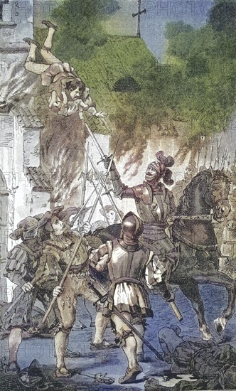 German Peasants' War, 1524-1526, A farmer and his child throw himself from the burning tower in Thayngen. Thayngen is a municipality in the canton of Schaffhausen in Switzerland/German Peasants' War, A farmer throws himself and his child from the burning tower in Thayngen. Thayngen is a municipality of the Canton of Schaffhausen in Switzerland, historical, digitally restored reproduction of an original model from the 19th century, exact original date not known, subsequently colored