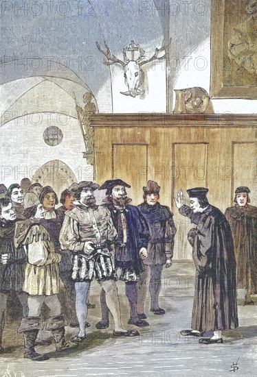 German Peasants' War, 1524-1526, Oath of the Abbot of Kempten/German Peasants' War, Oath of the Abbot of Kempten, historical, digitally restored reproduction of an original model from the 19th century, exact original date unknown, subsequently colored