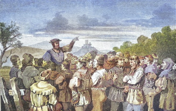 German Peasants' War, 1524-1526, Jos Friz speaks to the conspirators on the Hartmatte. Joss Fritz (born around 1470, died around 1525) was the initiator of the Bundschuh movements in Untergrombach, Lehen und am Oberrhein / German Peasants' War, Jos Friz speaks to the conspirators on the Hartmatte. Joss Fritz (born around 1470, died around 1525) was the initiator of the Bundschuh movements in Untergrombach, Lehen and on the Upper Rhine, Historic, digitally restored reproduction of an original from the 19th century, exact original date unknown, subsequently coloured