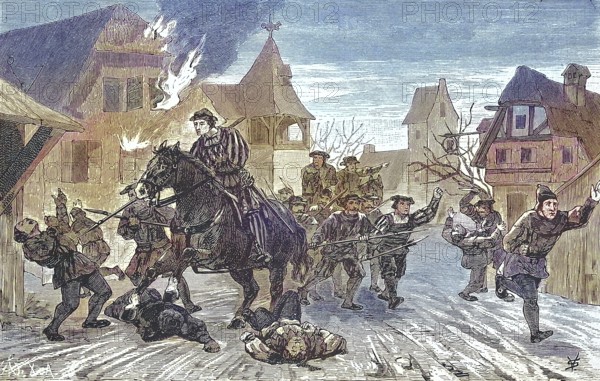 German Peasants' War, 1524-1526, Die Bauern überfallen Kempten/German Peasants' War, The Peasants Raid Kempten, historical, digitally restored reproduction of an original model from the 19th century, exact original date unknown, subsequently colored