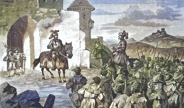German Peasants' War, 1524-1526, The Bishop Marshal Negotiates with the Farmers/German Peasants' War, The Bishop's Marshal Negotiates with the Peasants, historical, digitally restored reproduction of an original model from the 19th century, exact original date not known, subsequently colored