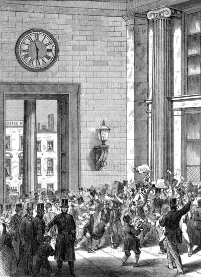 Before closing time on Friday evening in London, woodcut from 1864