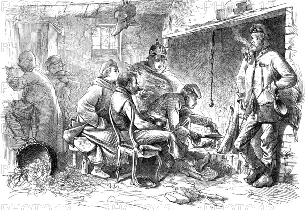 Quartering of soldiers in the kitchen, woodcut from 1864