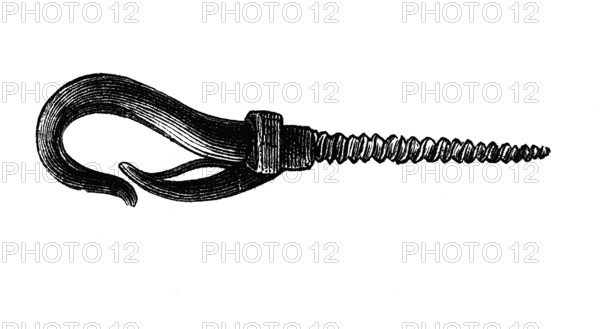 Instruments of torture: witch hooks, woodcut from 1864