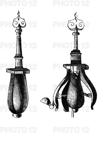 Instruments of torture: Strangling pear, in open and closed position. The mouth pear, also known as the torture pear or spreading pear, is an instrument of torture and belongs to the so-called skull screws. It consists of two or more spoon-shaped shells, which are folded together in the pear shape that gives them their name and connected to each other at the tapered end so that they can move. Inside there is a simple threaded mechanism that can be used to push the parts apart by moving the thread, usually by means of a screw at the tapered end. Apart from the painful locking of the jaw that this device entailed, it could also be stretched so far that teeth or jaws could break. It was also used for the extremely painful stretching of the vagina and anus. / The choke pear (or pear of anguish) is the modern name for a type of instrument displayed in some museums, consisting of a metal body (usually pear-shaped) divided into spoon-like seg