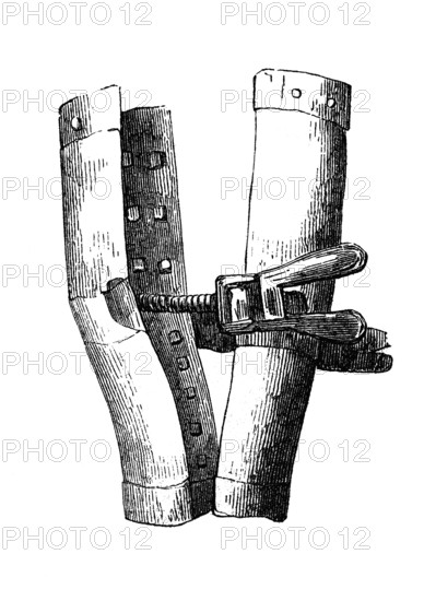 Torture instrument: leg screws, Spanish boot, woodcut from 1864