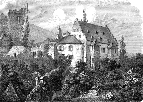 Miltenburg, the Mildenburg is a hill castle built around 1200 above Miltenberg, Bavaria, Germany, woodcut from 1864
