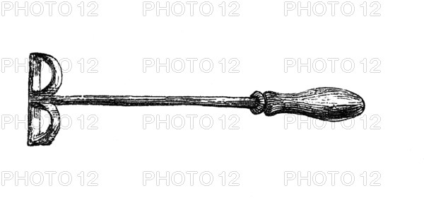 Instrument of torture. Brand marker. Branding was understood as a corporal punishment in the Middle Ages, which was characterized by the tortured person being tied up and tormented with a red-hot iron, woodcut from 1864