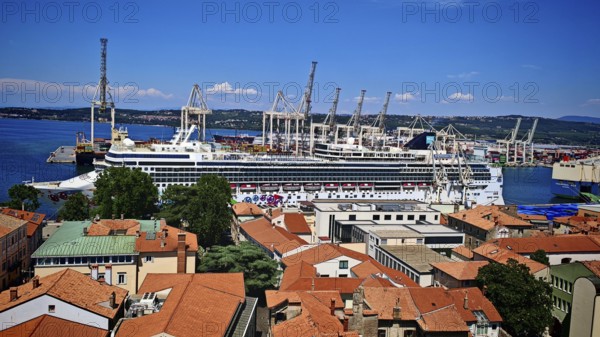 Large cruise ship in port surrounded by port cranes and buildings, Koper, Slovenia