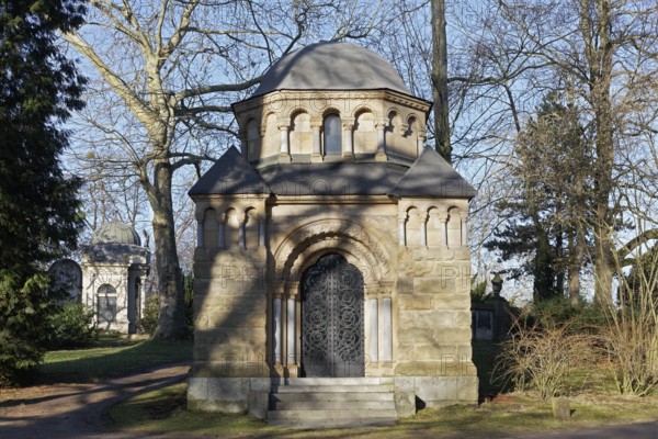 Pompous mausoleum of the Heynen family, Romanesque style, Nordfriedhof Düsseldorf, North Rhine-Westphalia, Germany
