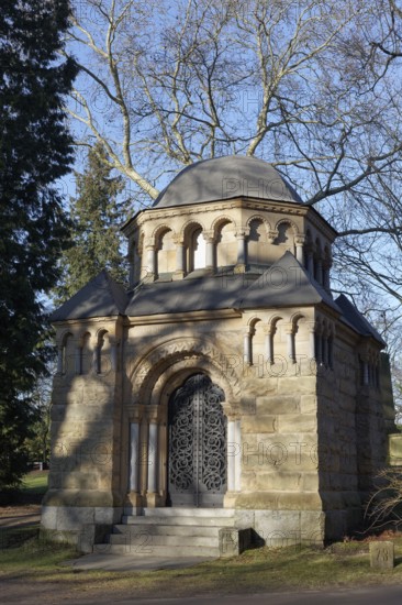 Pompous mausoleum of the Heynen family, Romanesque style, Nordfriedhof Düsseldorf, North Rhine-Westphalia, Germany