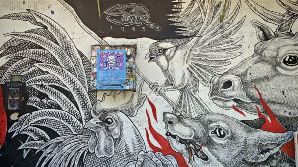 Graffiti, detailed black and white wall painting with animals and creative outdoor design, Ljubljana, Slovenia