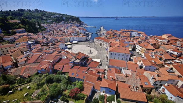 Panoramic view of a coastal town with a main square and red roofs on a clear blue day, Piran, Slovenia