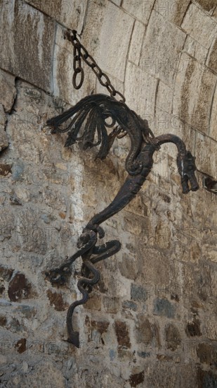 Ancient metal sculpture, Ljubljana dragon hanging on a stone wall surrounded by historic architecture, Ljubljana, Slovenia