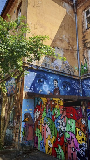 Colourful graffiti and art on a building wall with trees and various figures, Ljubljana, Slovenia