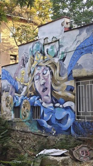 Wall art of a mythical woman surrounded by vivid colors and details, Pristina, Kosovo