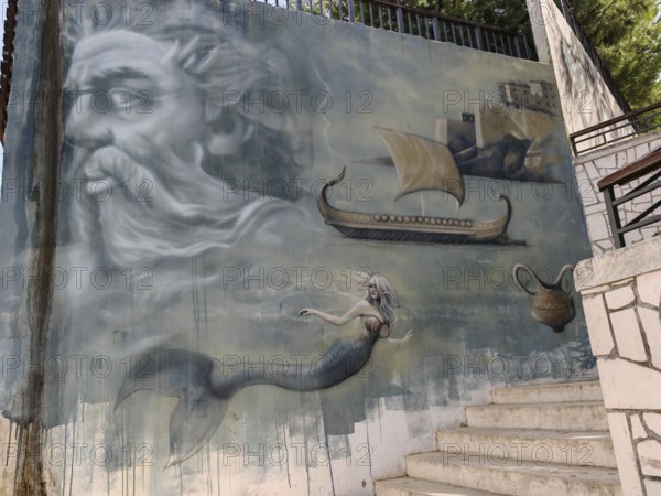 Imaginative wall painting with mythological figures such as mermaid and antique ship, Montenegro