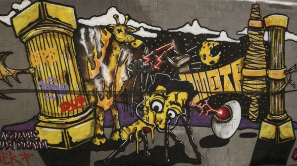 Artistic graffiti with surreal elements and an unusual play of colors, Prague Czech Republic