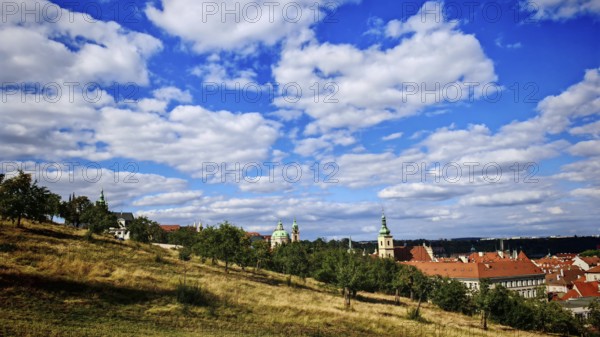 Hill with meadow in the foreground, municipal buildings and churches under clear sky, view over Prague, Czech Republic