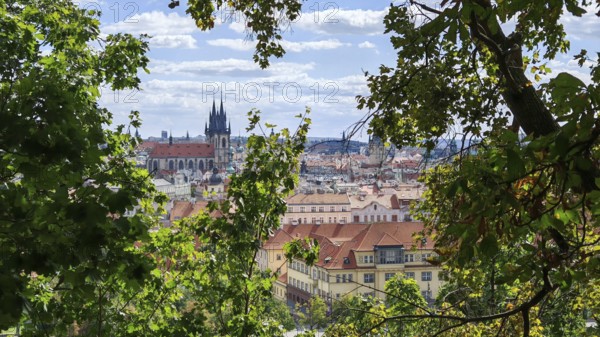 Urban skyline with a church in the background, framed by green trees, Prague, Czech Republic