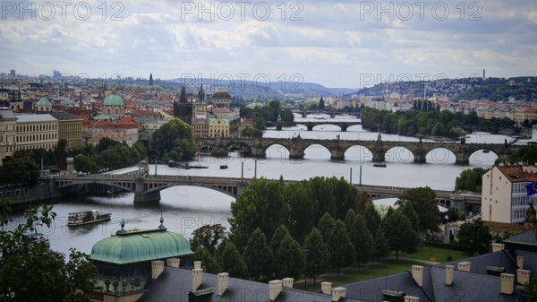 Panorama of a city with rivers, bridges and historic cityscape, view of Charles Bridge, Prague, Czech Republic